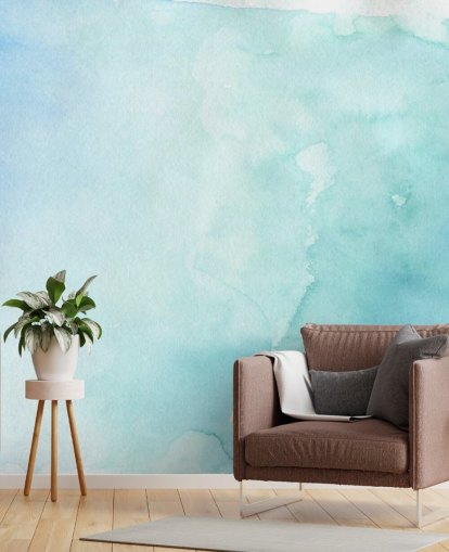 Zacht blauw en wit aquarelbehang 