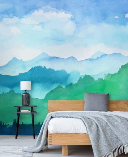 green and blue watercolour wallpaper mural called Watercolour Mountains for bedrooms green and blue watercolour wallpaper mural called Watercolour Mountains for bedrooms