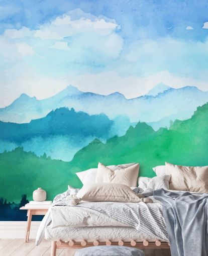 green and blue watercolour wallpaper mural called Watercolour Mountains for bedrooms
