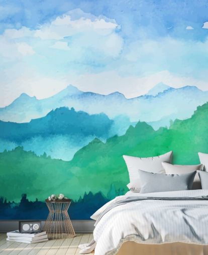 carta da parati murale ad acquerello verde e blu chiamata Watercolour Mountains per camere da letto