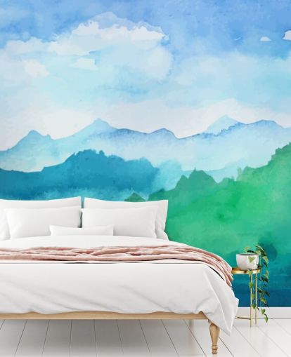 groene en blauwe aquarelbehangmuurschildering genaamd Watercolour Mountains voor slaapkamers groene en blauwe aquarelbehangmuurschildering genaamd Watercolour Mountains voor slaapkamers