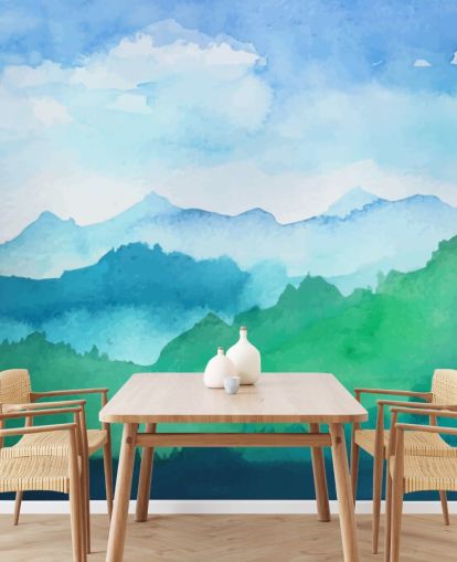 green and blue watercolor wallpaper mural called Watercolor Mountains for bedrooms