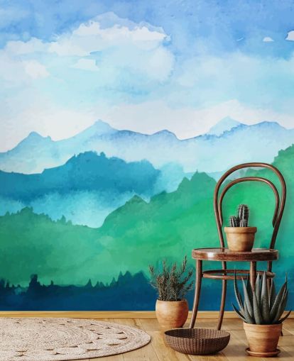 mural de papel de parede em aquarela verde e azul chamado Watercolour Mountains para quartos