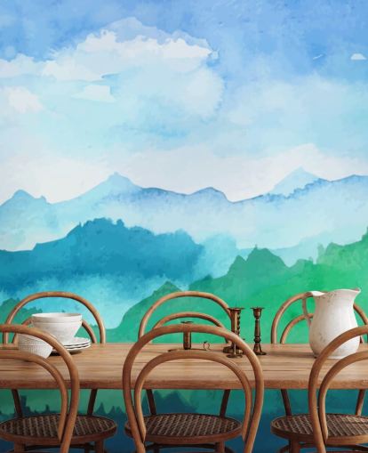 carta da parati murale ad acquerello verde e blu chiamata Watercolour Mountains per camere da letto