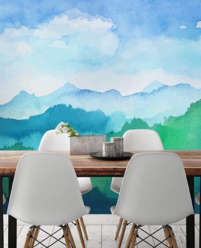 grön och blå akvarell tapetväggmålning kallad Watercolour Mountains för sovrum