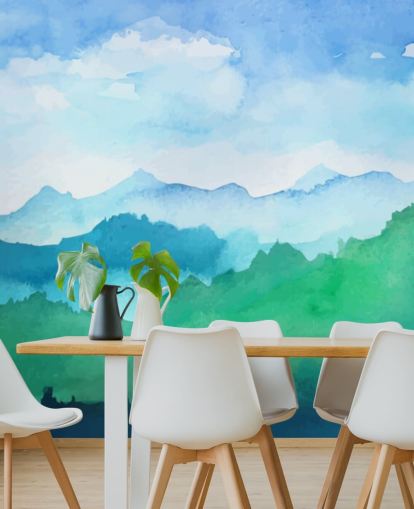 carta da parati murale ad acquerello verde e blu chiamata Watercolour Mountains per camere da letto