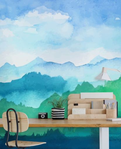 mural de papel pintado de acuarela verde y azul llamado Watercolour Mountains para dormitorios