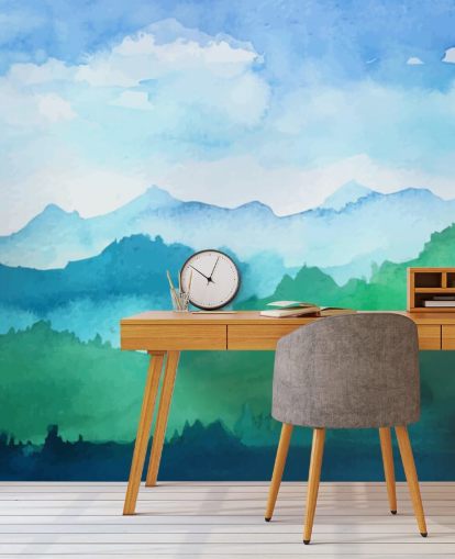 mural de papel pintado de acuarela verde y azul llamado Watercolour Mountains para dormitorios mural de papel pintado de acuarela verde y azul llamado Watercolour Mountains para dormitorios