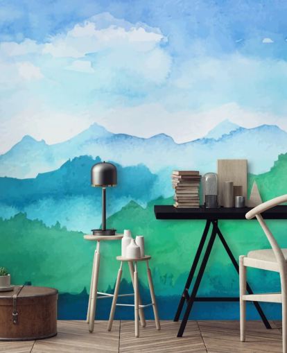 groene en blauwe aquarelbehangmuurschildering genaamd Watercolour Mountains voor slaapkamers
