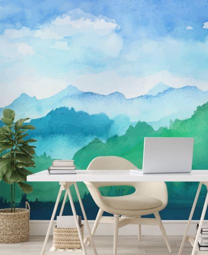 green and blue watercolor wallpaper mural called Watercolor Mountains for bedrooms