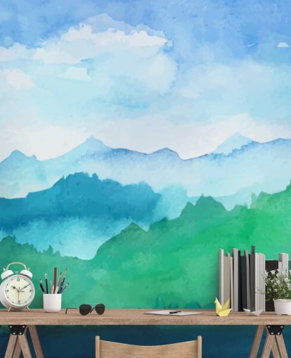 green and blue watercolor wallpaper mural called Watercolor Mountains for bedrooms