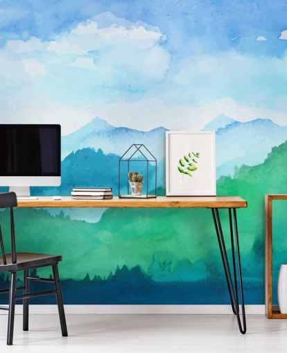 papier peint aquarelle vert et bleu appelé Watercolour Mountains pour chambres