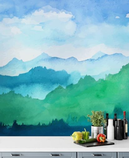 groene en blauwe aquarelbehangmuurschildering genaamd Watercolour Mountains voor slaapkamers
