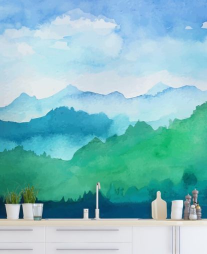 grønn og blå akvarell tapet veggmaleri kalt Watercolor Mountains for soverom grønn og blå akvarell tapet veggmaleri kalt Watercolor Mountains for soverom