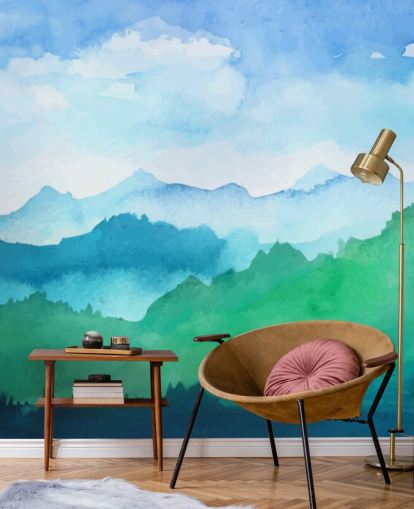 green and blue watercolor wallpaper mural called Watercolor Mountains for bedrooms