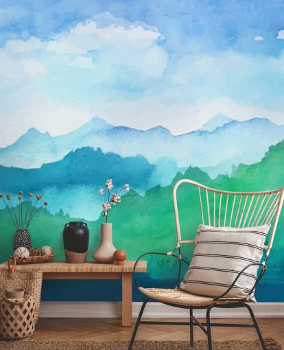 grön och blå akvarell tapetväggmålning kallad Watercolour Mountains för sovrum grön och blå akvarell tapetväggmålning kallad Watercolour Mountains för sovrum