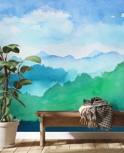 green and blue watercolor wallpaper mural called Watercolor Mountains for bedrooms green and blue watercolor wallpaper mural called Watercolor Mountains for bedrooms