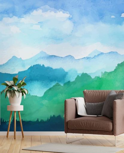 green and blue watercolor wallpaper mural called Watercolor Mountains for bedrooms