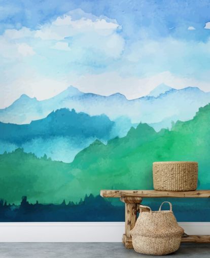 green and blue watercolor wallpaper mural called Watercolor Mountains for bedrooms