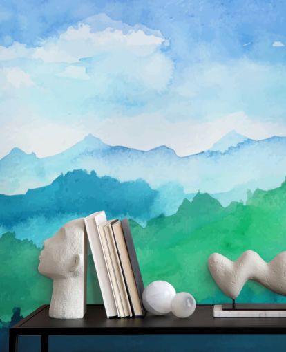 green and blue watercolour wallpaper mural called Watercolour Mountains for bedrooms