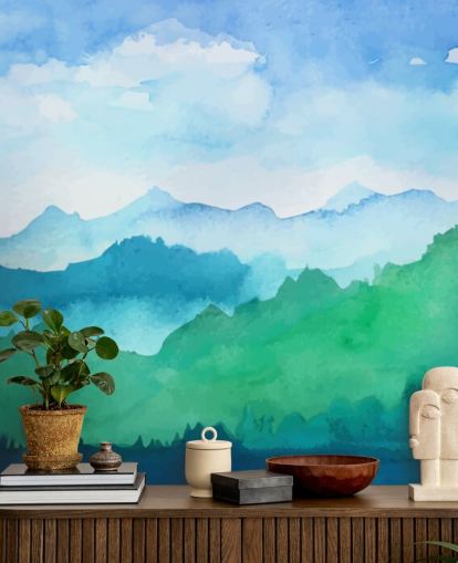 green and blue watercolor wallpaper mural called Watercolor Mountains for bedrooms