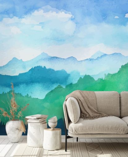 mural de papel pintado de acuarela verde y azul llamado Watercolour Mountains para dormitorios mural de papel pintado de acuarela verde y azul llamado Watercolour Mountains para dormitorios