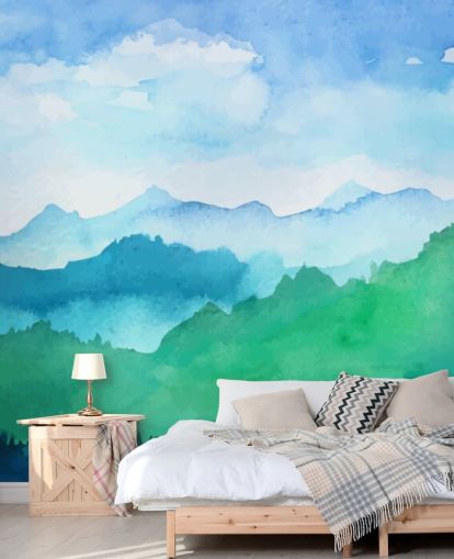 mural de papel de parede em aquarela verde e azul chamado Watercolour Mountains para quartos