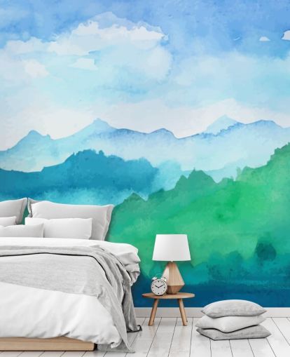 grön och blå akvarell tapetväggmålning kallad Watercolour Mountains för sovrum grön och blå akvarell tapetväggmålning kallad Watercolour Mountains för sovrum