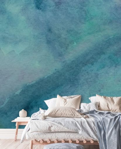 türkisfarbenes Tapetenbild namens Abstract Turquoise Watercolor für Wohnzimmer, Badezimmer und Schlafzimmer