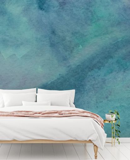 turkos tapetväggmålning kallad Abstract Turquoise Watercolor för vardagsrum, badrum och sovrum