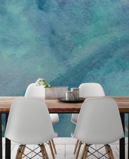 turkos tapetväggmålning kallad Abstract Turquoise Watercolor för vardagsrum, badrum och sovrum