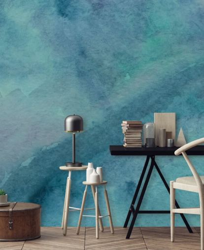 mural de papel pintado turquesa llamado Abstract Turquesa Watercolor para salas de estar, baños y dormitorios