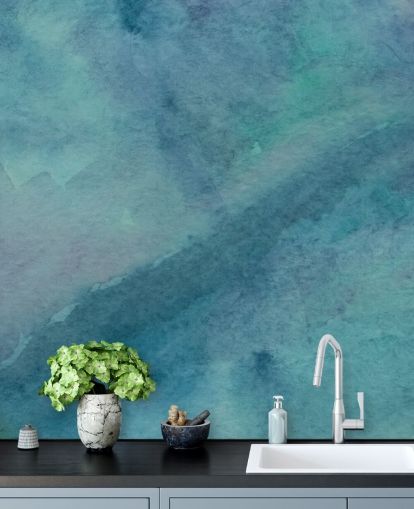 mural de papel de parede turquesa chamado Aquarela Turquesa Abstrata para salas de estar, banheiros e quartos