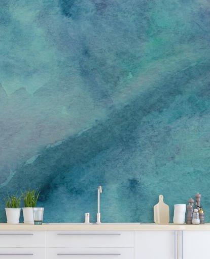 mural de papel de parede turquesa chamado Aquarela Turquesa Abstrata para salas de estar, banheiros e quartos