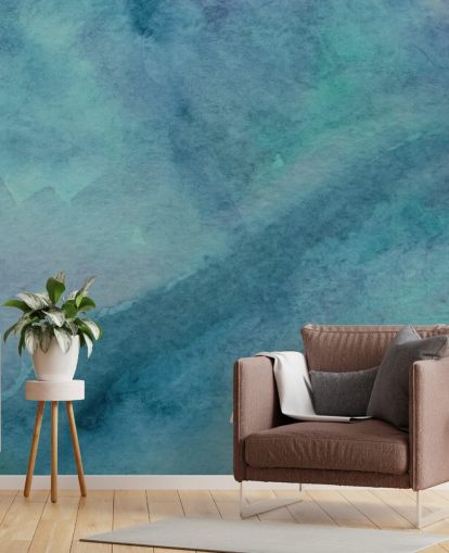 turkos tapetväggmålning kallad Abstract Turquoise Watercolor för vardagsrum, badrum och sovrum