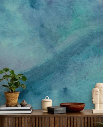 mural de papel pintado turquesa llamado Abstract Turquesa Watercolor para salas de estar, baños y dormitorios