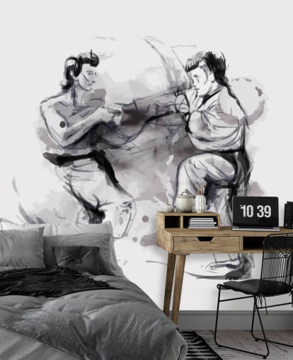 Black Watercolour of Karate Fighters Wallpaper