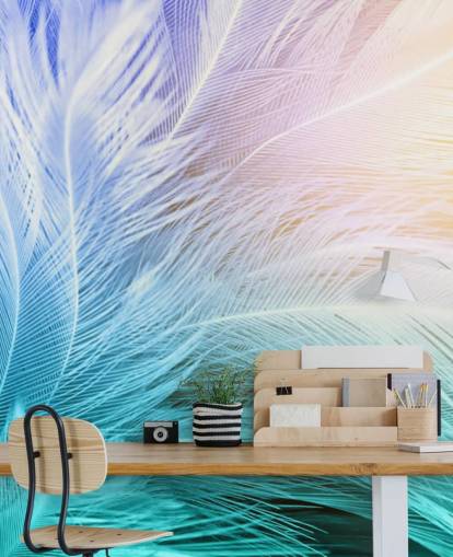 Papier peint plume bleu pastel, violet et rose