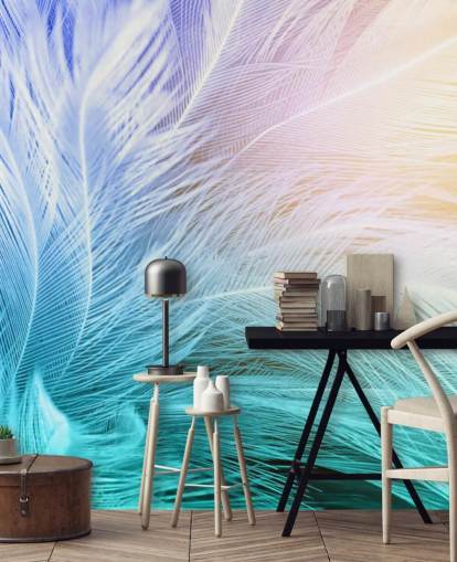 Papier peint plume bleu pastel, violet et rose