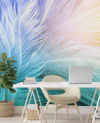 Papier peint plume bleu pastel, violet et rose