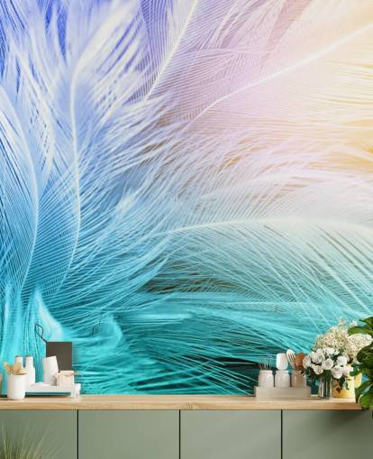 Carta da parati con piume blu pastello, viola e rosa