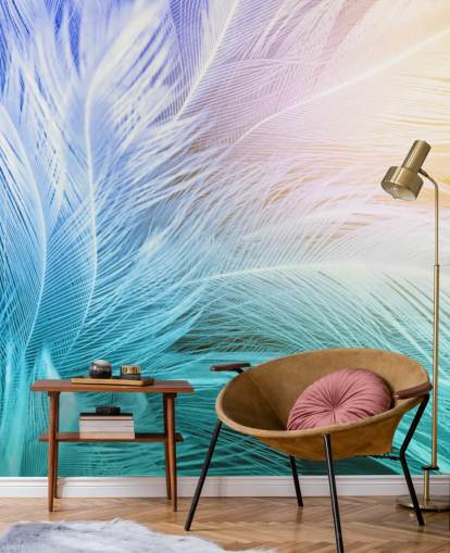 Pastel Blue, Purple and Pink Feather Wallpaper
