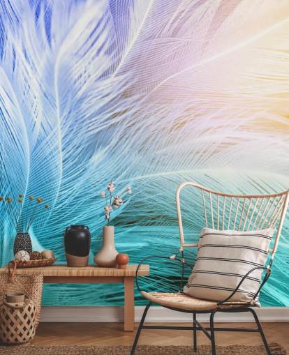 Papier peint plume bleu pastel, violet et rose