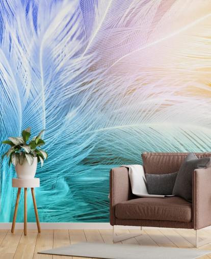 Papier peint plume bleu pastel, violet et rose