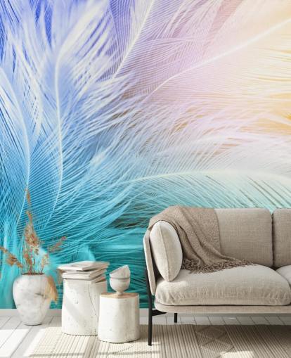 Pastel Blue, Purple and Pink Feather Wallpaper