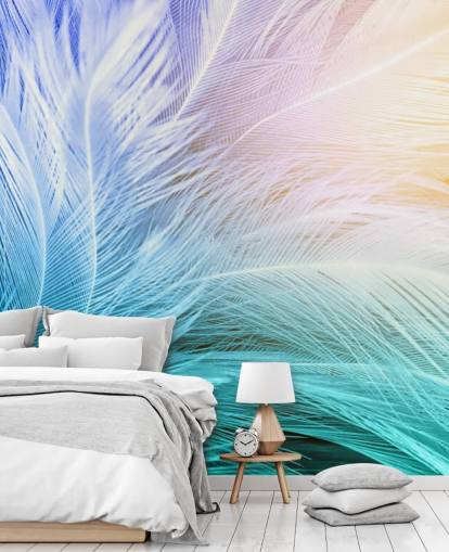 Papier peint plume bleu pastel, violet et rose