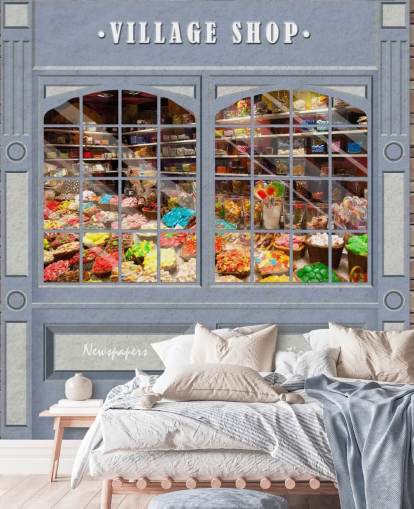 kundenspezifisches Fassadentapetenwandbild namens Village Shop für Pflegeheime
