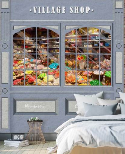 custom facade wallpaper mural called Village Shop for care homes