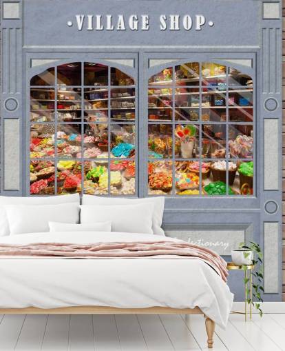 custom facade wallpaper mural called Village Shop for care homes