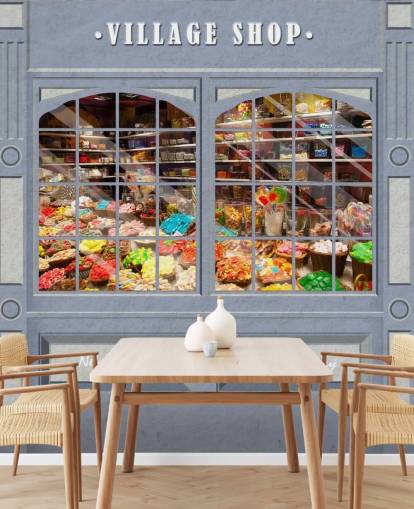 papier peint mural de façade personnalisé appelé Village Shop pour les maisons de retraite